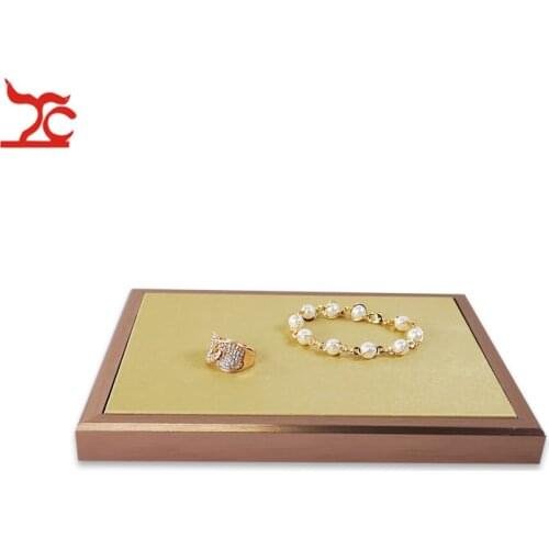 New Rectangle Rose Gold Stainless Steel Jewelry Display Case Gold PU Pad Ring Earring Necklace Bracelet Storage Organizer Tray