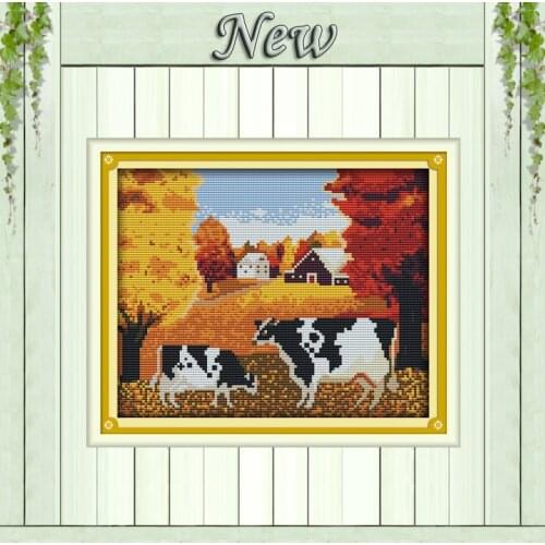 The autumn cows scenery diy painting counted printed on canvas DMC 14CT 11CT chinese Cross Stitch Needlework Set Embroidery kits