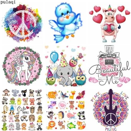 Pulaqi Iron on Transfer for Clothes Stripe Cartoon Animals Cat Patch Badge Thermal Heat Transfer Vinyl Ironing Stickers Applique