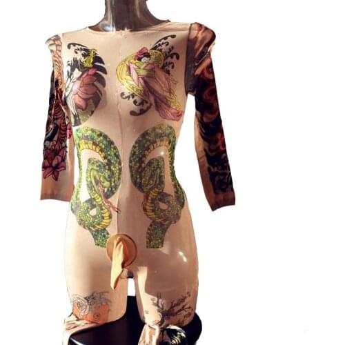 Sexy Men Sheer Nude Japanese Tattoo Bodystockings with Penis Sheath Bodysuit Body Stockings Sissy Fetish Lingerie for Him