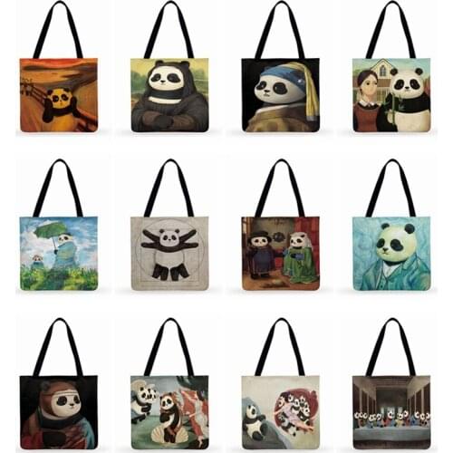 Screaming Panda Printed Bag Funny Famous Paintings Bag Foldable Shopping Bag For Women Casual Tote Ladies Shoulder Bag Beach Bag