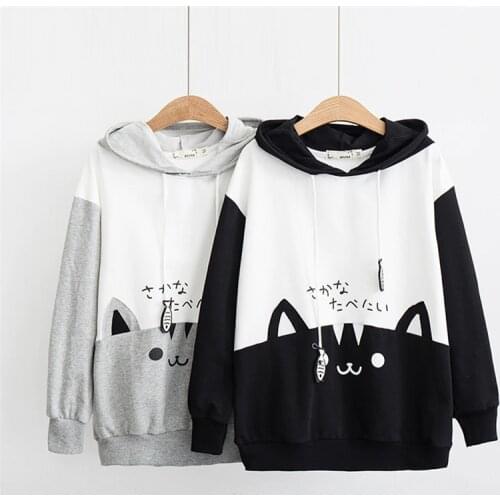 Japanese Style Neko Atsume Cute Cat Patchwork Hoodie Long-sleeved Girl Hooded Pullover Sweatshirts Womens Top Clothing