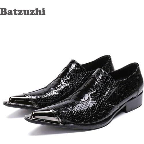 Batzuzhi Pointed Metal Tip Mens Shoes Black Patent Leather Fish cales Pattern Leather Oxford Shoes Formal Business Leather Shoe