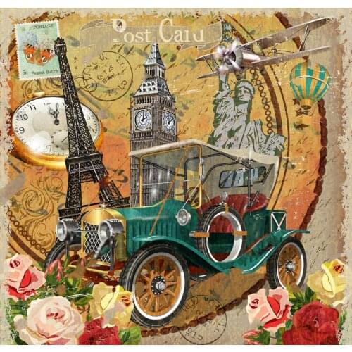 Paris Travel World Vintage Eiffel Tower Old Car Clock Plane backdrops Computer print wedding background