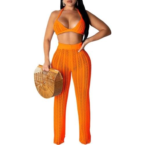 Women Summer Hollow Out Knitted See Through 2 Piece Outfits Halter Out Bra Top Bikini Long Pant Beach Cover up