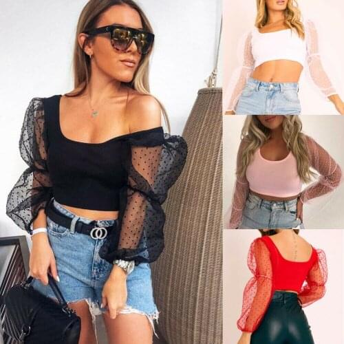 Women See-through Sheer Mesh Dot Puff Long Sleeve Polka dot perspective short sleeve T-shirt Tops Shirts