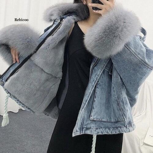 Women Winter Loose Denim Jacket Oversized Fur Collar Plus Velvet Padded Jackets Vintage Cotton Thick Warm Jean Coat