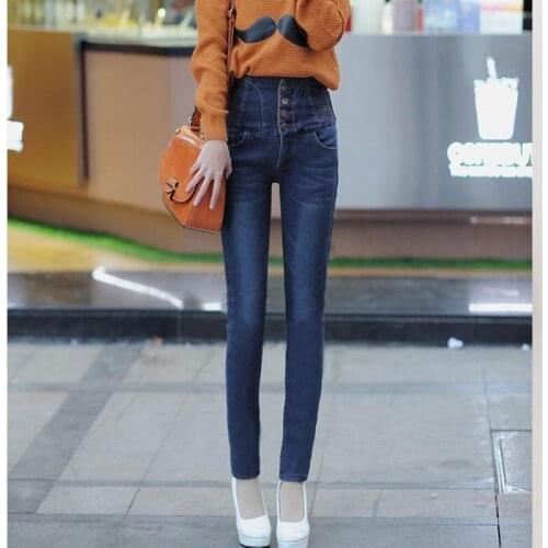 Women winter warm jean thicken skinny jeans high waist jeans velvet denim pants Female long trousers Free shipping