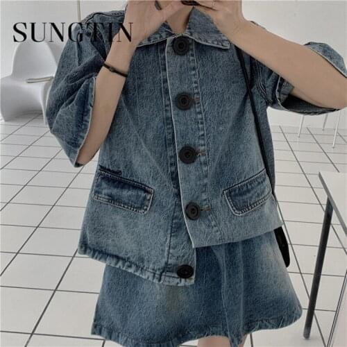 Sungtin Vintage Denim Two Piece Set Women Oversized Short Mini Skirt Suits Lady Denim Set Korea Chic Puff Sleeve Single Breasted