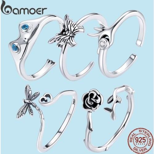 Bamoer 925 Sterling Silver Swallowtail Butterfly Ring Frog Dragonfly Ring Rose Ring for Women Anillo Open Ring Jewelry Wedding