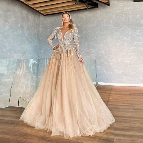 Champagne Elegant Evening Dresses Luxury Long Sleeves V-Neck Sequins Sparkly Women Formal Party Prom Gowns Plus Size Custom