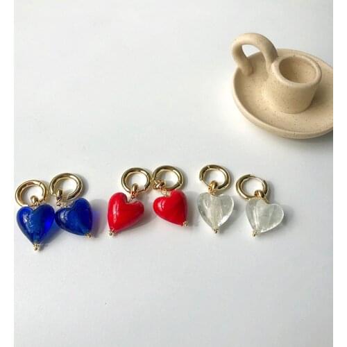 1 Pair Vintage Colorful Glass Love Heart Pendant Drop Earrings Metal Circle For Women 90s Girls Party Travel Jewelry Wholesale
