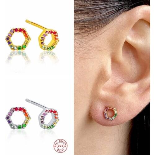 GS 925 Sterling Silver Colorful Crystal Hexagon Stud Earrings For Women Rainbow Cubic Zirconia Jeweled Ear Stud Party Jewelry