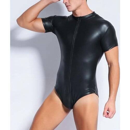 Body Suits Men Fetish Black Faux Leather Short Sleeve Zipper Front Stretch Lingerie Bodysuit Sexy Night Club Wear Teddy Lingerie