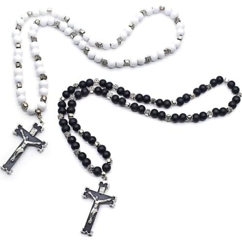 Rosary Necklace Jesus Christ Cross Pendant Necklaces Bead Long Chain Jewelry QX2E