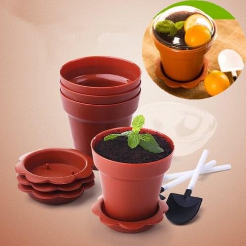 Flowerpot Cake Cups With Lid Shovel Scoop Bottom Tray Plastic Cake Cups With Lids Yogurt Cup Dessert Container Ice Cream Mousse