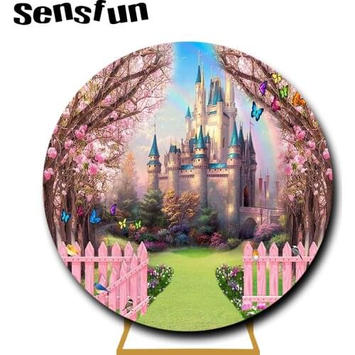 Sensfun Pink Castle Round Circle Backdrop Princess Girl Birthday Party Decoration Baby Shower Candy Table Cover Photo Studio