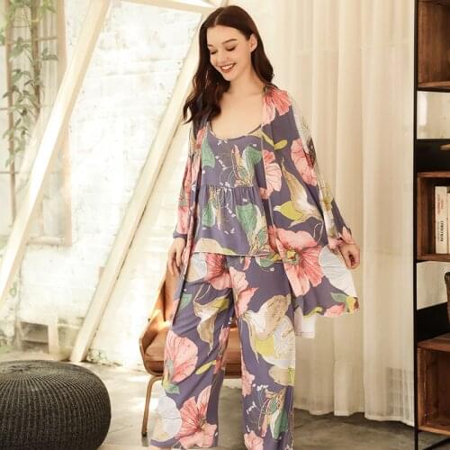 2020 HOT Selling Women Loose Thin Pajamas Set Fresh Style Floral Printed Ladies Elegant Cardigan+Sling+Pants 3PCS Sexy Homewear