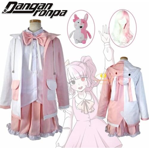 Danganronpa Monomi Usami Pink Cosplay Costume Wig Bear Toy Mascot Rabbit Girl School Uniform White Pink Suit Jacket Skirt Set