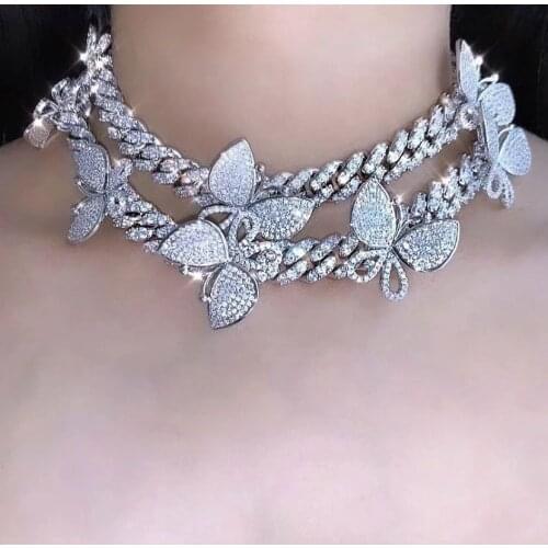 Miami Cuban Chain Butterfly Necklace Butterfly Chain Link Iced Out Bling Bling Hip Hop Women Jewelry 2020