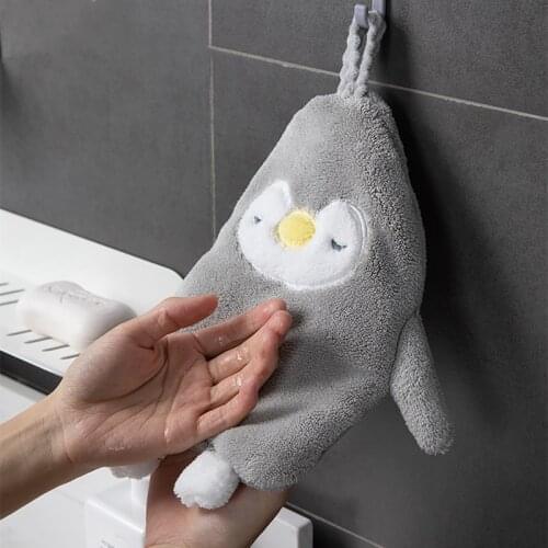 Kitchen Bathroom Absorbent Multi Purpose Hanging Type Wipe Hand Towel Cute Cartoon Penguin Coral Velvet Soft Kids Cleaning Towel