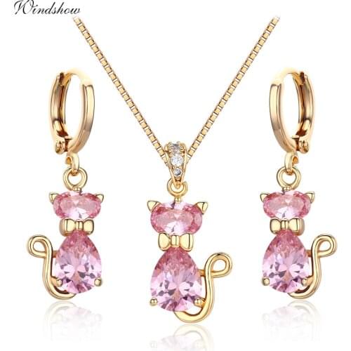 Cute Kittens Cats Pink CZ Stones Pendants Necklaces Drop Earrings Yellow Gold Color Jewelry Sets For Women Children Girls Kids