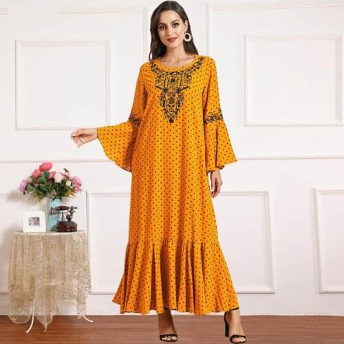 Muslim Dresses Large Size Womens Trumpet Long-sleeved Embroidery Pleated Polka Dot Printing Casual Autumn Lotus Leaf Long Skirt