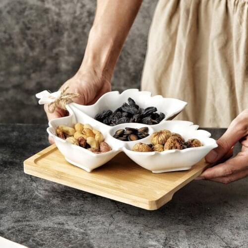 MUZITY Ceramic Leaf Shape Appetizer Snack Candy Fruit Nut Serving Tray with Bamboo Tray