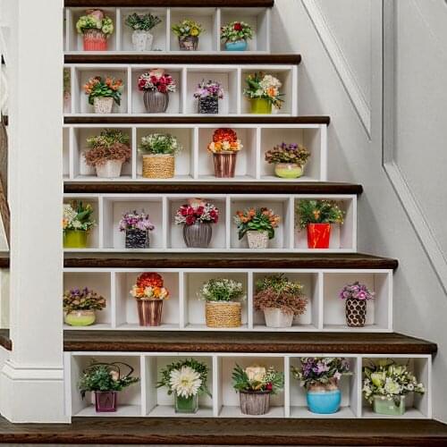6pcs/set Potted Flower Plant Stair Stickers 3D Waterproof Removable Self-adhesive Wall Floor Stickers Wallpaper Decor 18*100cm
