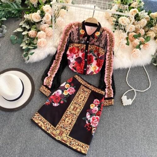 Womens spring summer runway fashion flower print 2 pcs dress female chic travel vintage dress TB1484