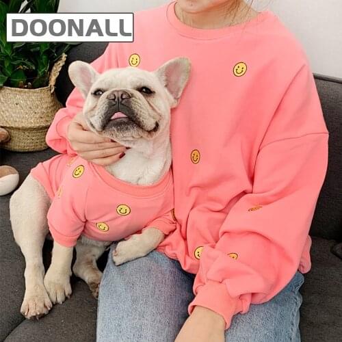 Matching Dog Shirt & Owner Hoodie Smiley Embroidery Clothes for Puppy Cat and Mommy Pet Clothing Parent Mother and Dog Outfits