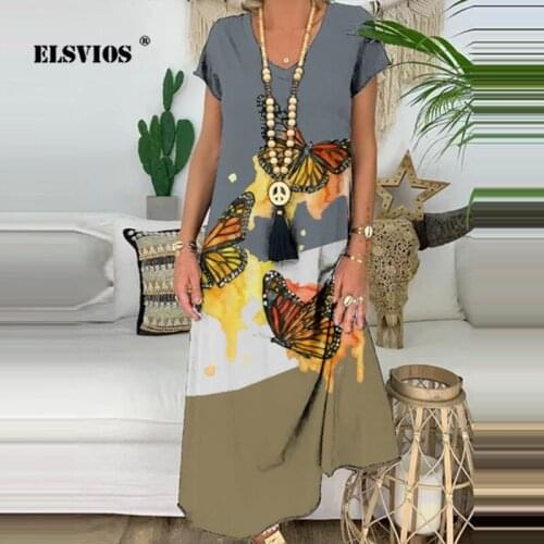 Casual Short Sleeves Summer Fashion Women New V Neck Butterfly Printed Long Dress Elegant Slim Patchwork Soft Home Party Dresses