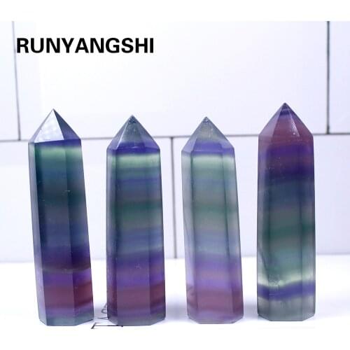 Runyangshi 1pc 80-90mm Natural crystal stripe fluorite hand polished hexagonal crystal column Energy healing stone