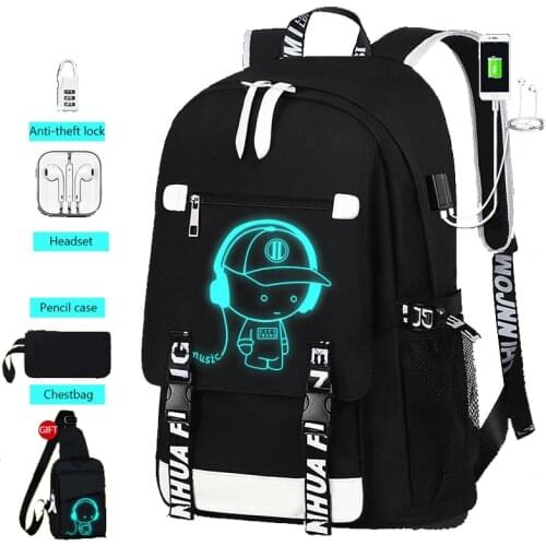 Teenage Waterproof Backpack Cute Kids Luminous Anime Black Nylon School Bags For Boys Laptop Anti Theft Backpack Men Book Bag