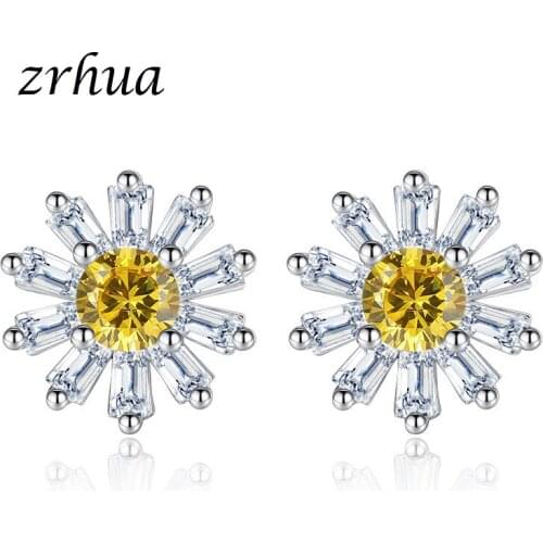 ZRHUA ZRHUA Elegant Artificial Crystal Stud Earrings for Women Shiny Flower Shape Mosaic Cubic Zircon 925 Silver Jewelry
