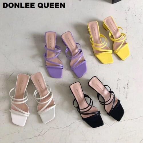 2021 New Summer Slippers Low Heels Slides Female Peep Toe Square Heel Slipper Brand Sandals Women Slipper Big Size 41 Flip Flops