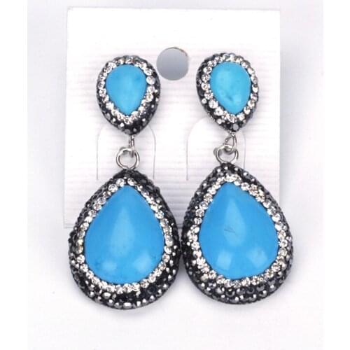 Vintage Water Drop Blue Green Stone Pendant Charm Pave Black White Rhinestone Big Dangle Earring For Women Luxury Jewelry 2021
