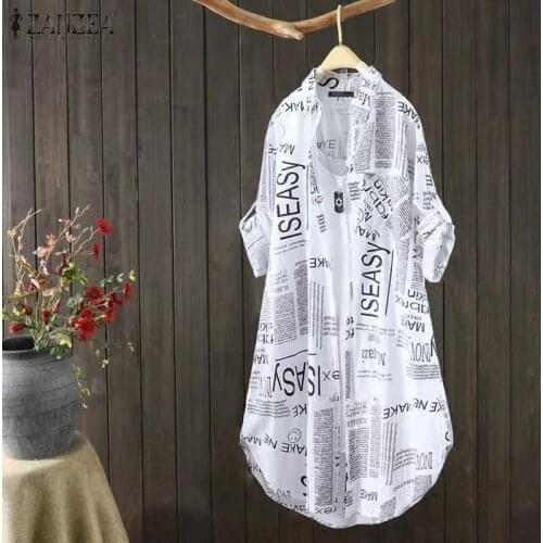 Stylish Letter Printed Shirts Womens Summer Blouses ZANZEA 2021 Long Sleeve Blusas Female Button Lapel Tunic Oversized Chemise