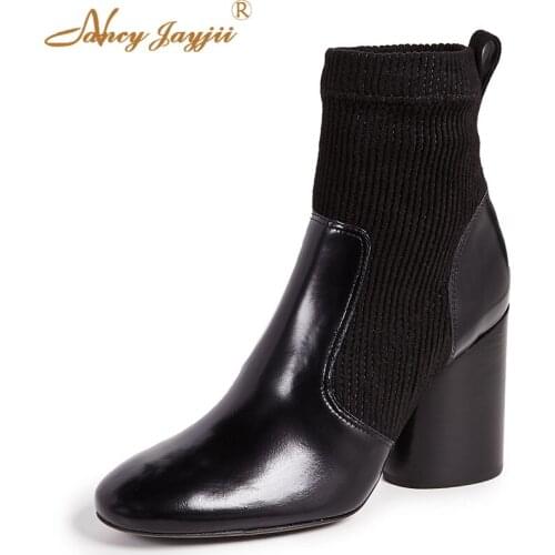 Black Rowen Ankle Boots Ladies Booties Stretch Fabric 2021 Winter Autumn Block Heels Chunky Heels Super High Slip-on Size 40 45