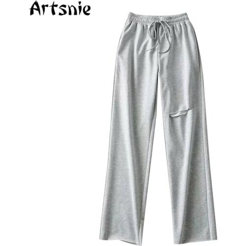 Artsnie Winter High Waist Hole Wide Leg Pants Women Knitted Gray Streetwear Casual Trousers Double Pockets Long Pants Sweatpants