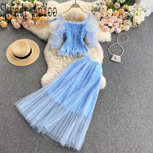 2021 Fashion Two Piece Set Women Elasticity Crop Top And High Waist Mesh Skirt Sweet Female Set 2 Pcs Elegant Woman Outfit