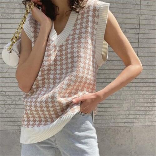 Big size sleevelesss vest sweater 2021 autumn winter womens houndstooth knitted vest V-neck sleeveless pullover sweater vest