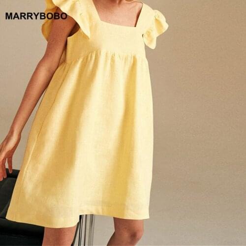 Women High Waist Ruffle Dress Summer Loose Linen Solid Dress 2021 Casual Square Collar Butterfly Sleeve Backless Mini Dresses