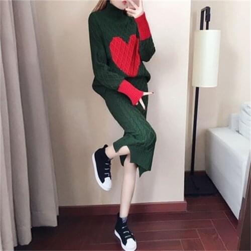 Womens new spring and autumn winter package hip sweater dress + knit high collar pullover sweater two-piece suit