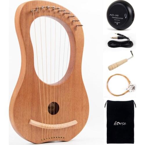 Horse Lyre Harp 10 String Solid Mahogany Portable Small Harp String Instrument w/ Tuning Wrench Bag Spare String Pickup