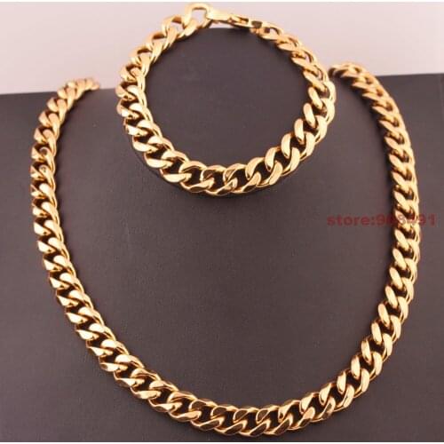 13mm/15mm 1set Fashion Mens Jewelry Gold Tone Stainless Steel High Quality Bling Curb Necklace Bracelet