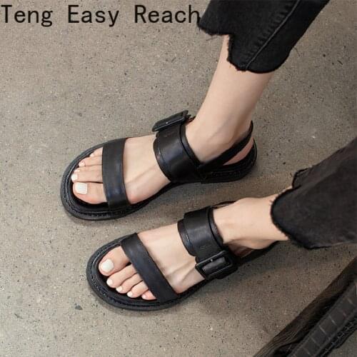 2021 fashion Sandals Women Genuine Cow Leather Metal Detailed Ankle Buckle Strap Summer Beach Ladies Low Heel Shoes Handmade