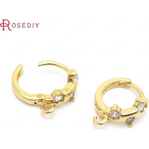 37853)6PCS 12MM 24K Gold Color Brass and Zircon Round Circle Loop Earrings Hooks Jewelry Making Supplies Diy Accessories
