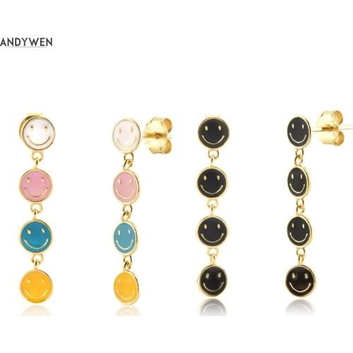 ANDYWEN New 925 Sterling Silver Gold 26mm Smile Face Happy Mood Smiley Drop Earring Piercing Clips Jewelry Gift Wedding Gift