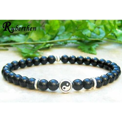 Ruberthen New Design Yin Yang Bracelet 6 mm Black Onyx Wrist Mala Yoga Jewelry Balance Harmony Strength Bracelet
